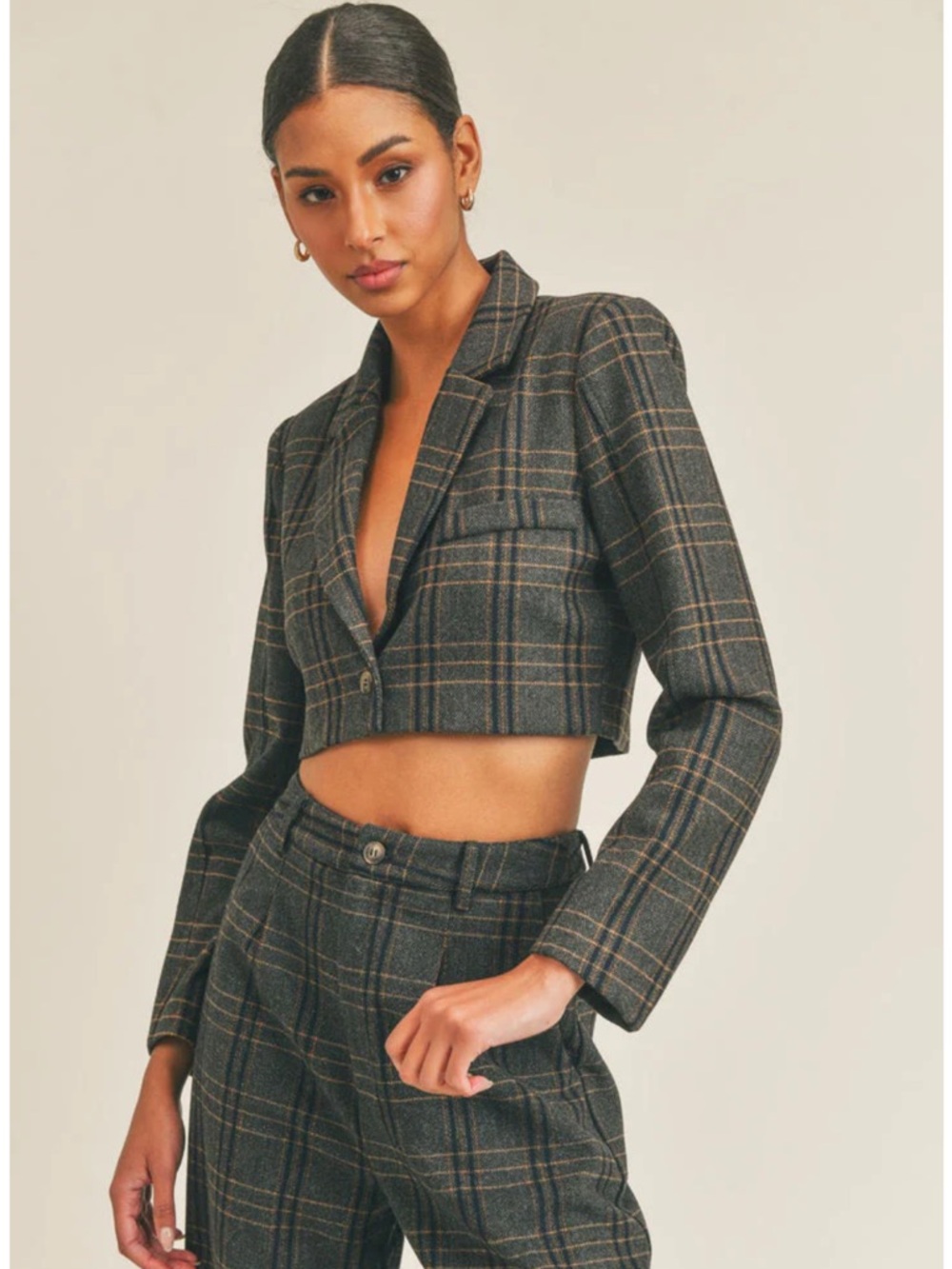 Sage Cropped Plaid Blazer & High-Waist Pants - Green Plaid